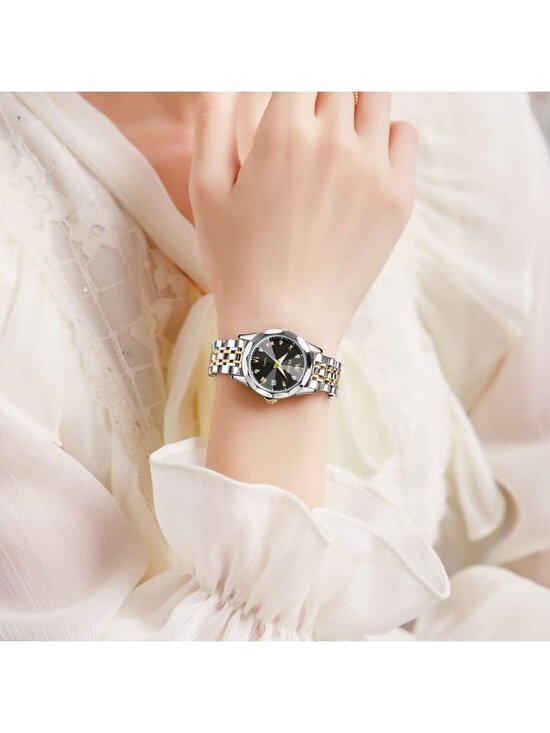 Womens Silver Black Diamond Stainless Steel Luxury Ladies Waterproof Writs Watch